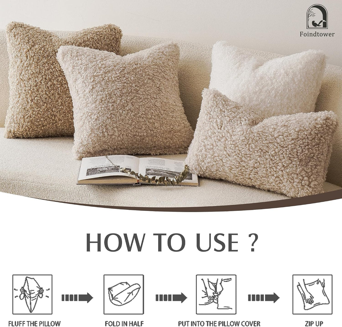 Foindtower Decorative Fuzzy Faux Fur Throw Pillow Covers 24x24 Inch Oatmeal