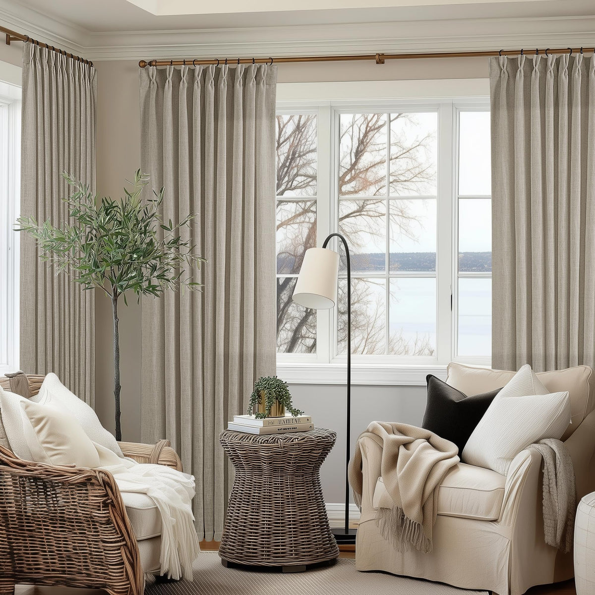 TWODRAPES Natural Pinch Pleated Linen Semi Sheer 84 Inch Curtains 2 Panels