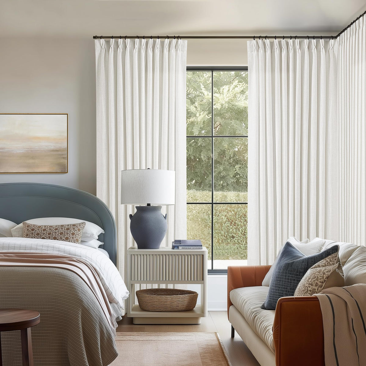 TWODRAPES Natural Pinch Pleated Linen Semi Sheer 84 Inch Curtains 2 Panels