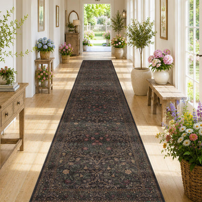 Floral Dark Green Washable Area Rugs 8x10, Vintage Living Room Rug
