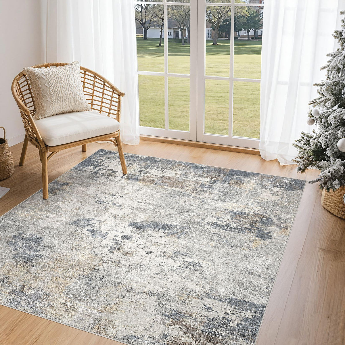 UERMEI 8x10 Area Rug Living Room Rugs - Washable Neutral Modern Abstract Soft Thin Large Rug Indoor Floor No Slip Rug Carpet for Bedroom Under Dining Table Home Office Decor - Brown Grey