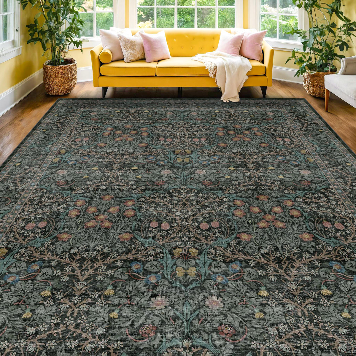 Floral Dark Green Washable Area Rugs 8x10, Vintage Living Room Rug