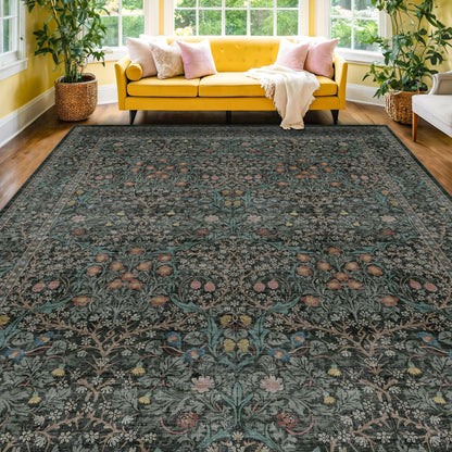 Floral Dark Green Washable Area Rugs 8x10, Vintage Living Room Rug
