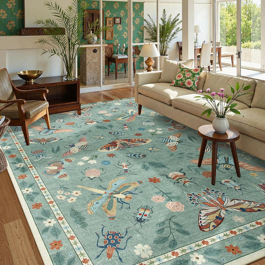 Lahome Bug Washable Area Rugs 5x7, Soft Green Rug for Living Room Bedroom