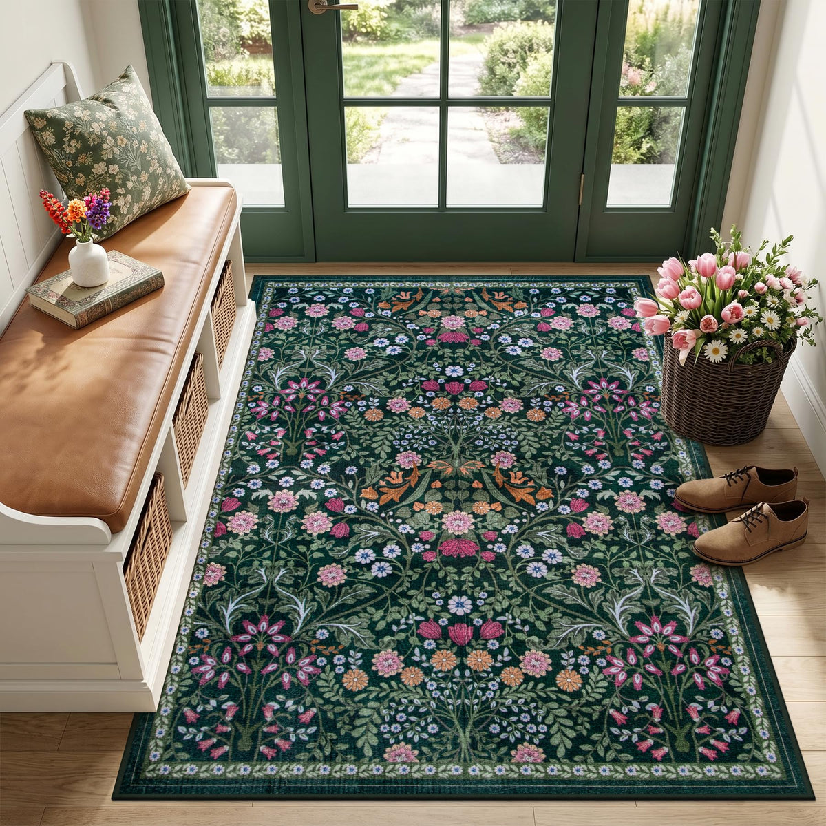 PLHXFR 8x10 Area Rug Living Room: Floral Washable Boho Carpet Dark Green