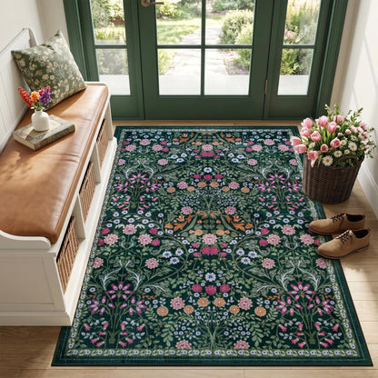 PLHXFR 8x10 Area Rug Living Room: Floral Washable Boho Carpet Dark Green