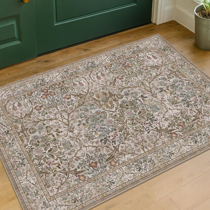 Floral Dark Green Washable Area Rugs 8x10, Vintage Living Room Rug