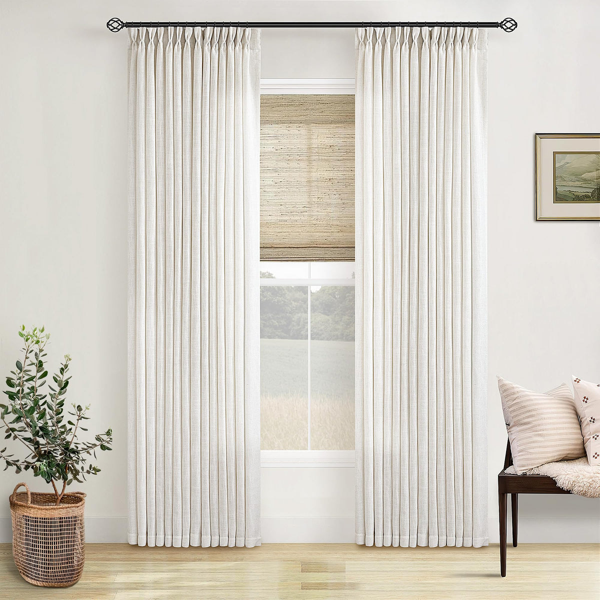 TWODRAPES Natural Pinch Pleated Linen Semi Sheer 84 Inch Curtains 2 Panels