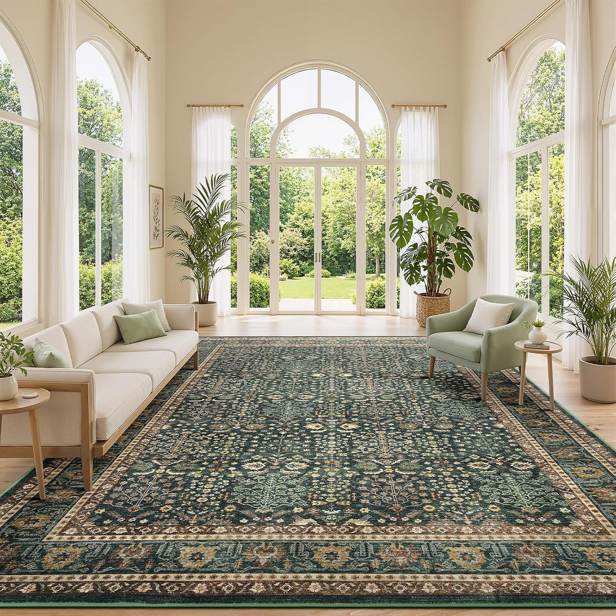 Lofus 9x12 Washable Area Rug for Living Room, Non-Slip Green Boho Carpet