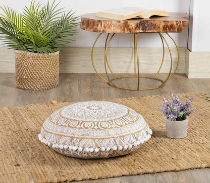 Popular Handicrafts Floor Pillow Cushion Cover - Hippie Elephant Mandala Cushion Cover Large Cotton - Pouf Cover Round Bohemian Yoga Decor, 18" White Gold