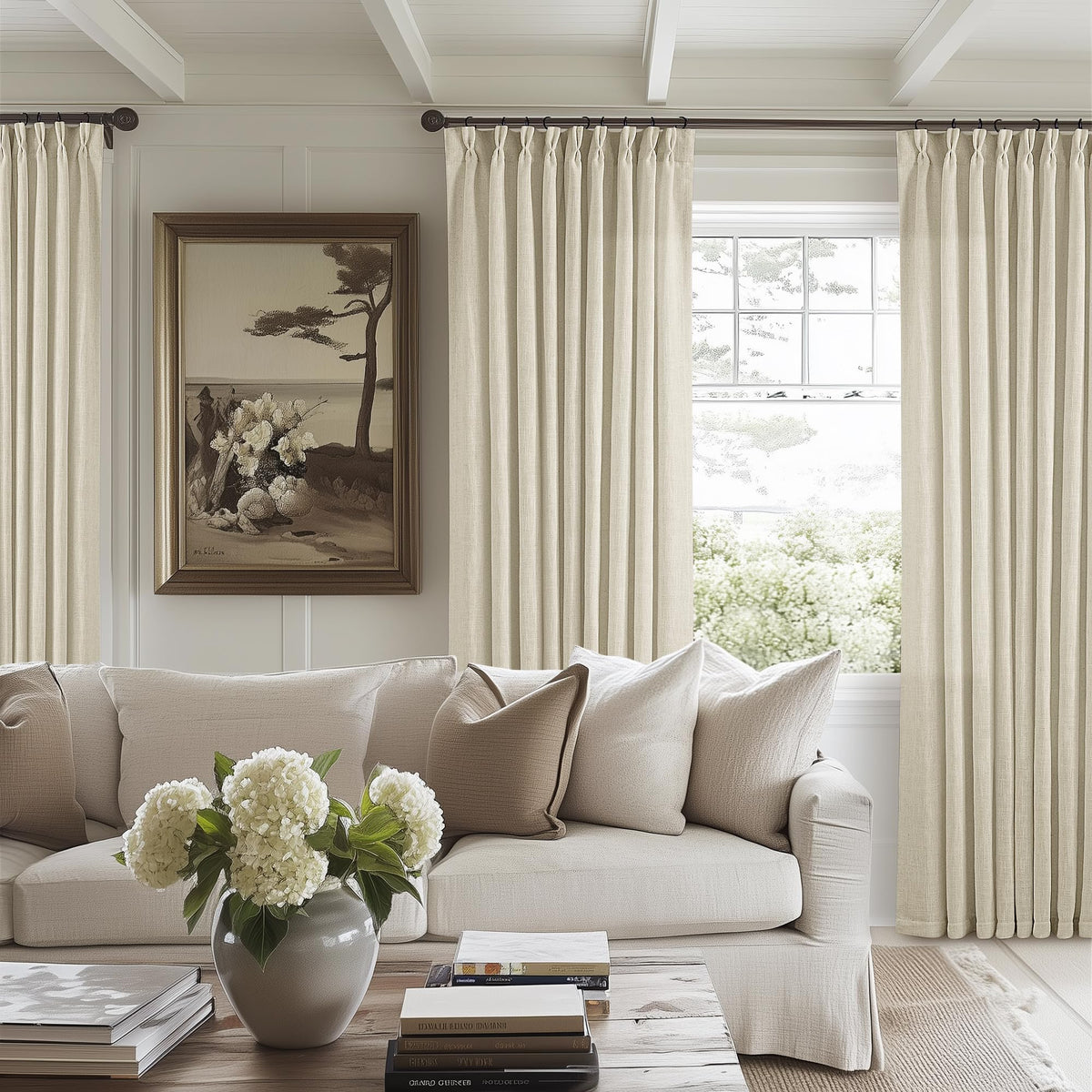 TWODRAPES Natural Pinch Pleated Linen Semi Sheer 84 Inch Curtains 2 Panels