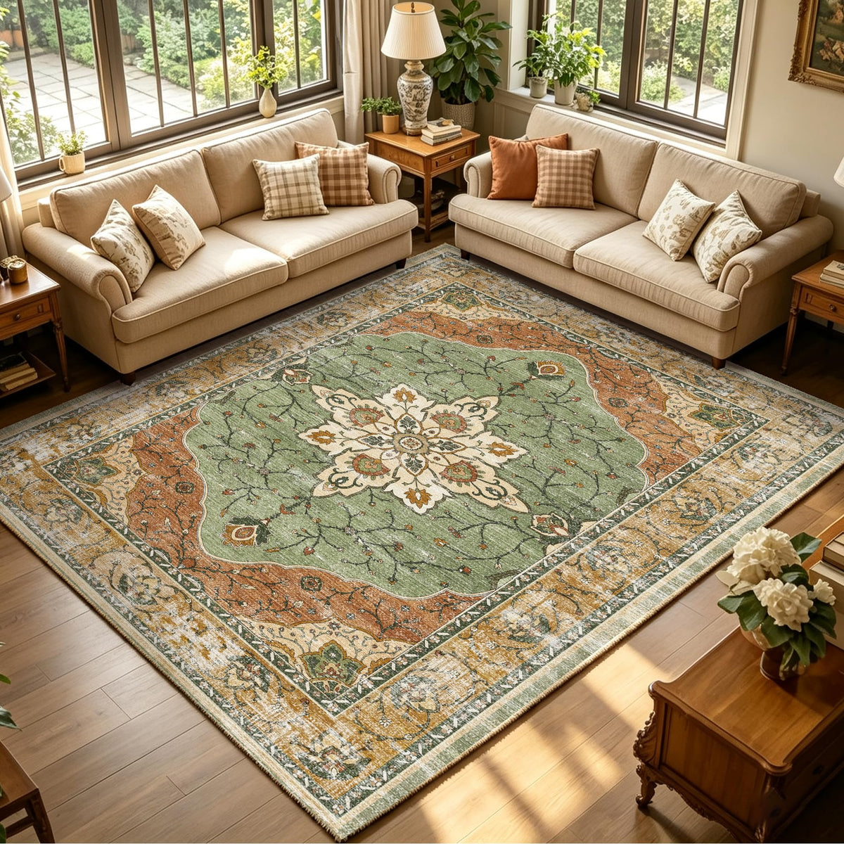 YARNSCAPE 5' x 7' Machine Washable Area Rug, Non-Slip Low-Pile Carpet