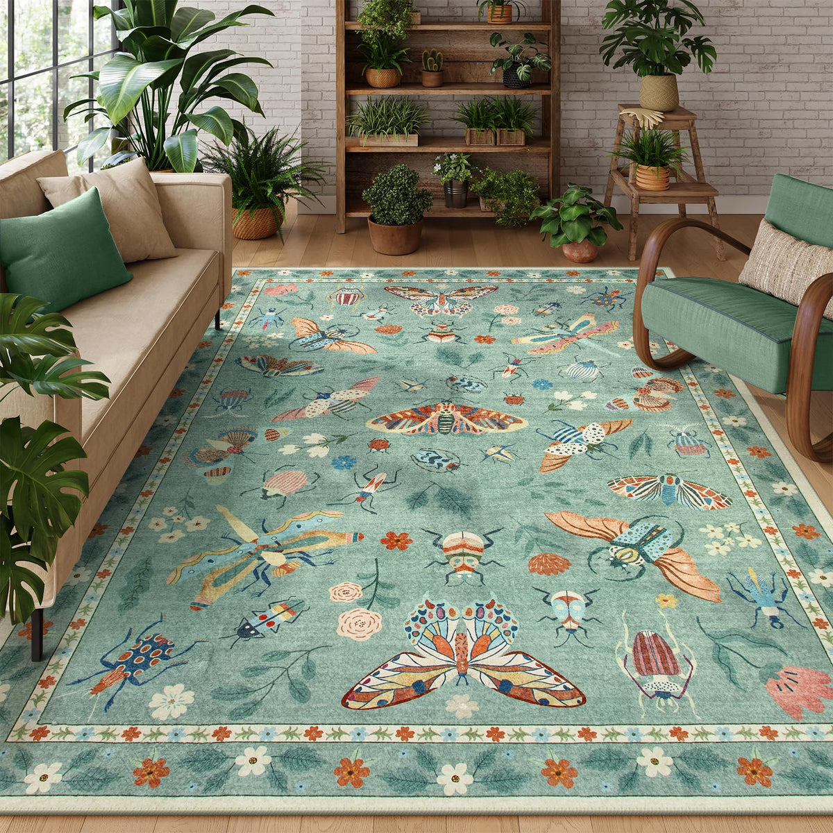 Lahome Bug Washable Area Rugs 5x7, Soft Green Rug for Living Room Bedroom