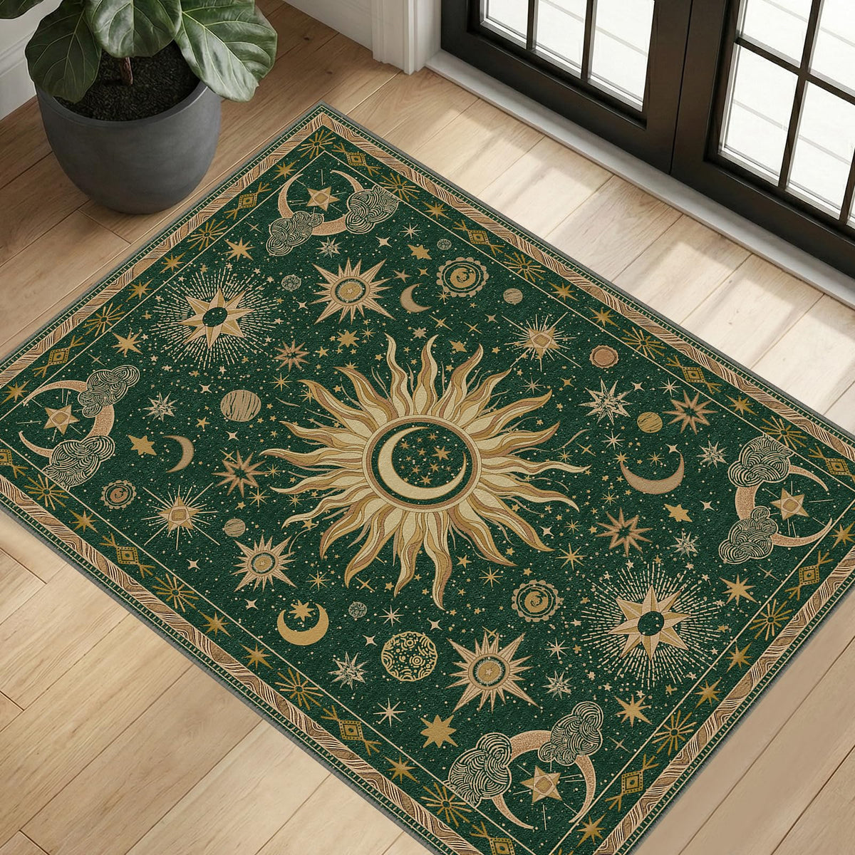 Vacuum-Friendly, 5x7 Washable Area Rug, Black Gold Beige Red