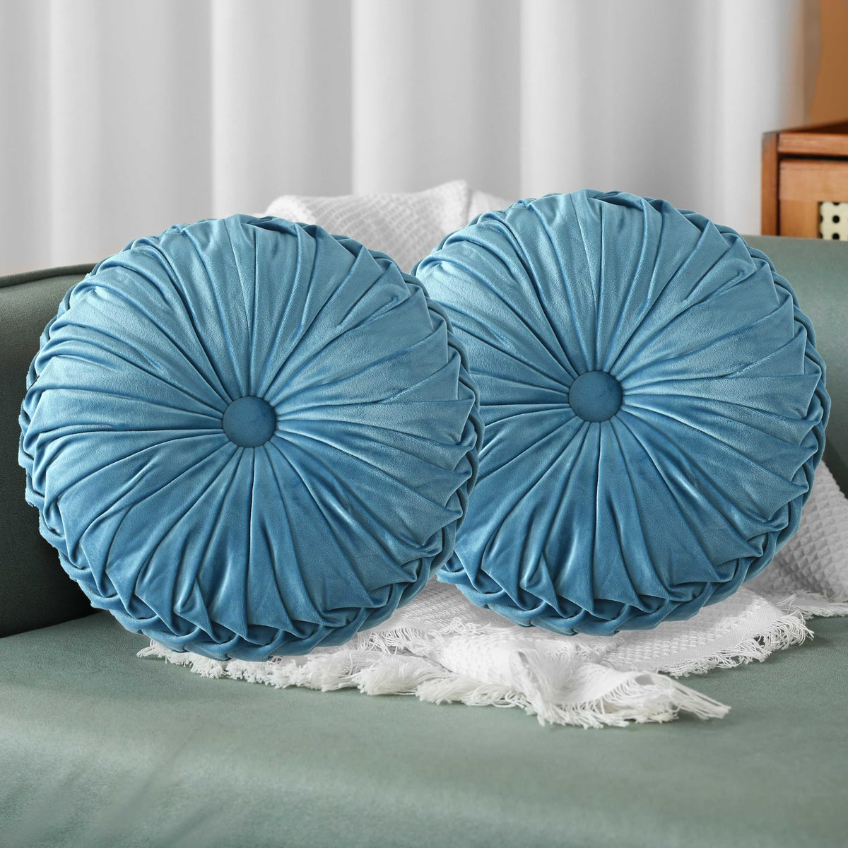 HIG Set of 2 Beige Velvet Decorative Round Pleated Throw Pillows