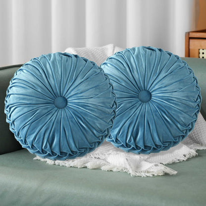 HIG Set of 2 Beige Velvet Decorative Round Pleated Throw Pillows