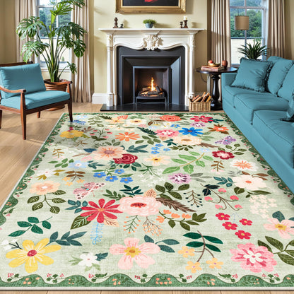 PLHXFR 8x10 Area Rug Living Room: Floral Washable Boho Carpet Dark Green