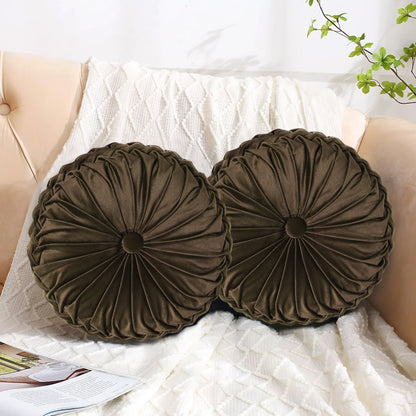 HIG Set of 2 Beige Velvet Decorative Round Pleated Throw Pillows
