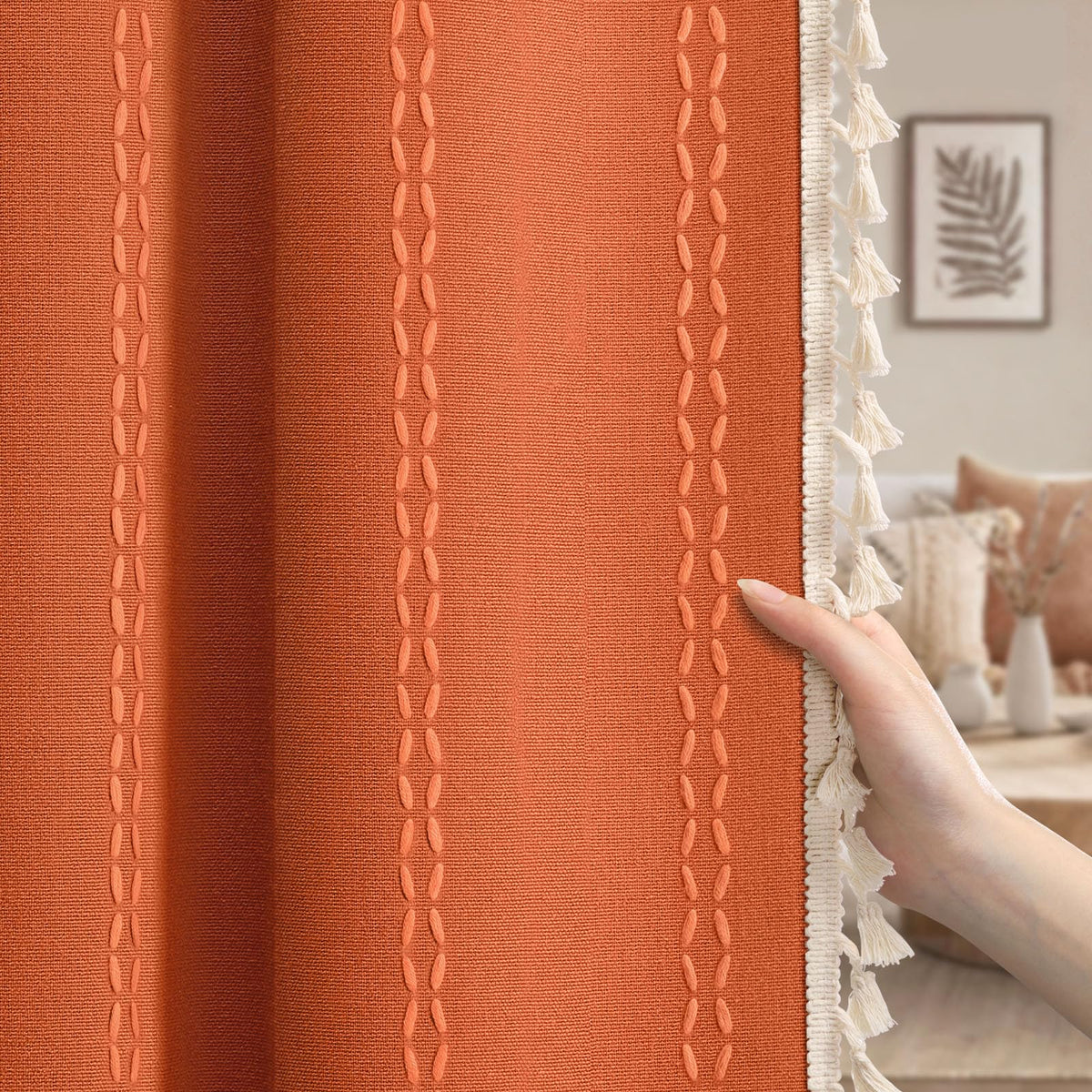 Boho 100% Blackout Curtains 84 Inch 2 Panels Linen Blend Beige