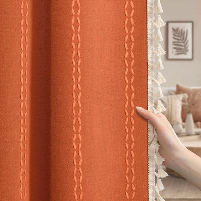 Boho 100% Blackout Curtains 84 Inch 2 Panels Linen Blend Beige