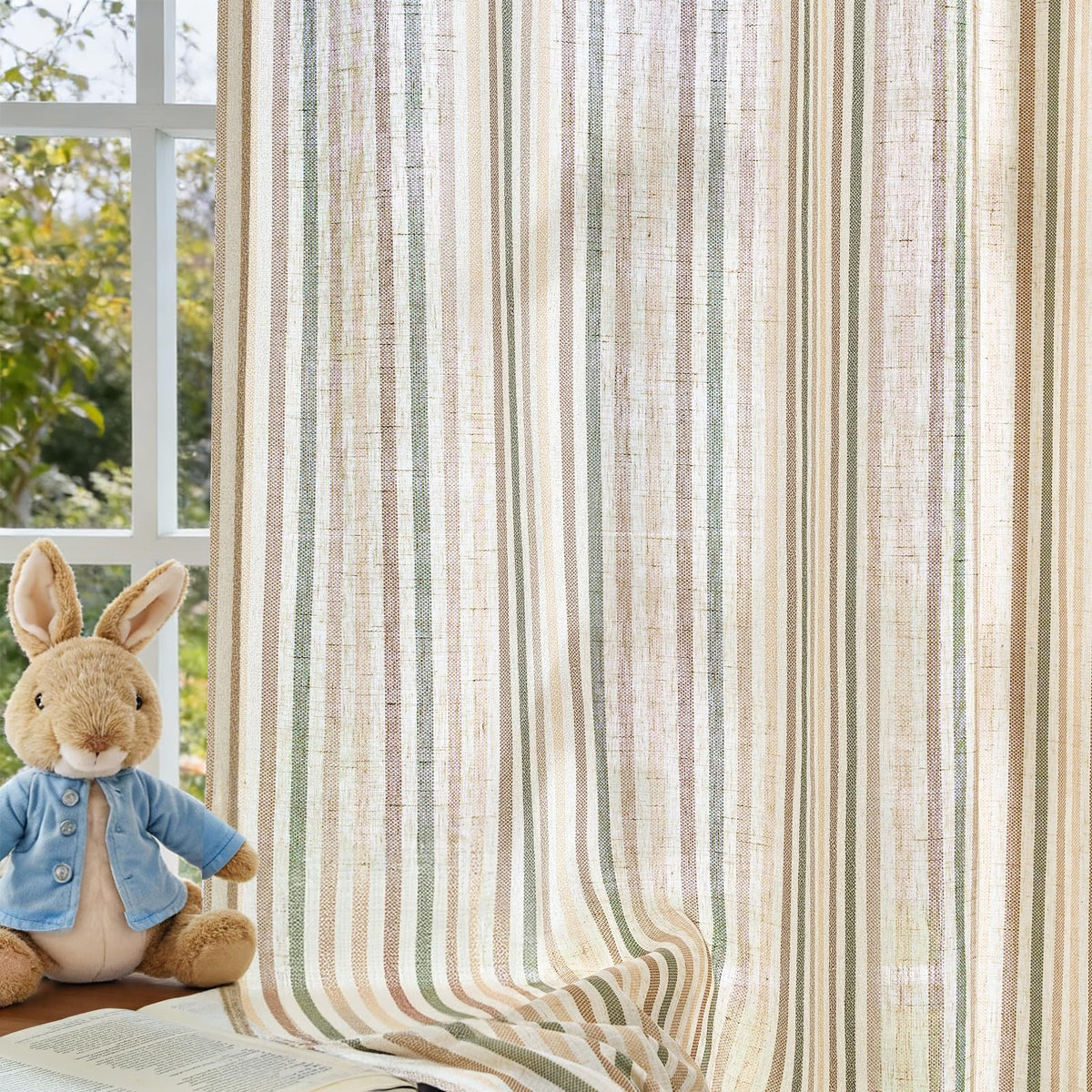 Vangao Linen Curtains for Living Room, Striped Blue Curtains 84L, 2 Panels