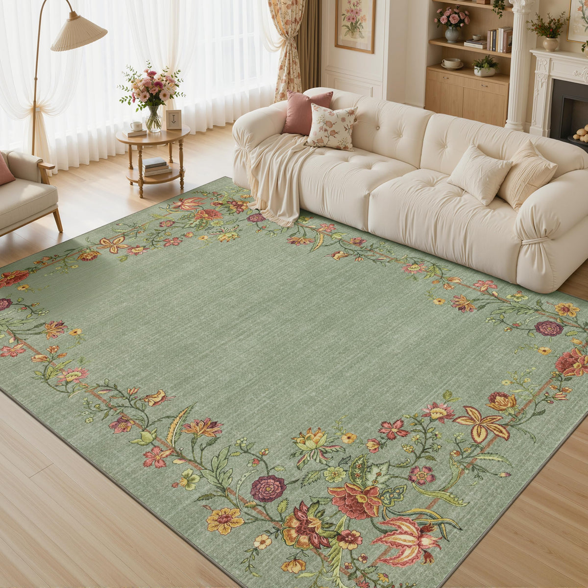 JOLLYVOGUE Washable 8x10 Area Rug for Living Room, Vintage Floral, Beige