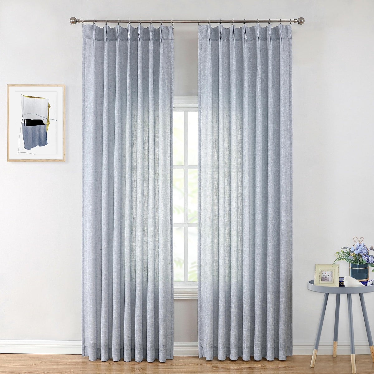Vision Home Natural Linen Pinch Pleated Semi Sheer Curtains 42Wx90Lx2