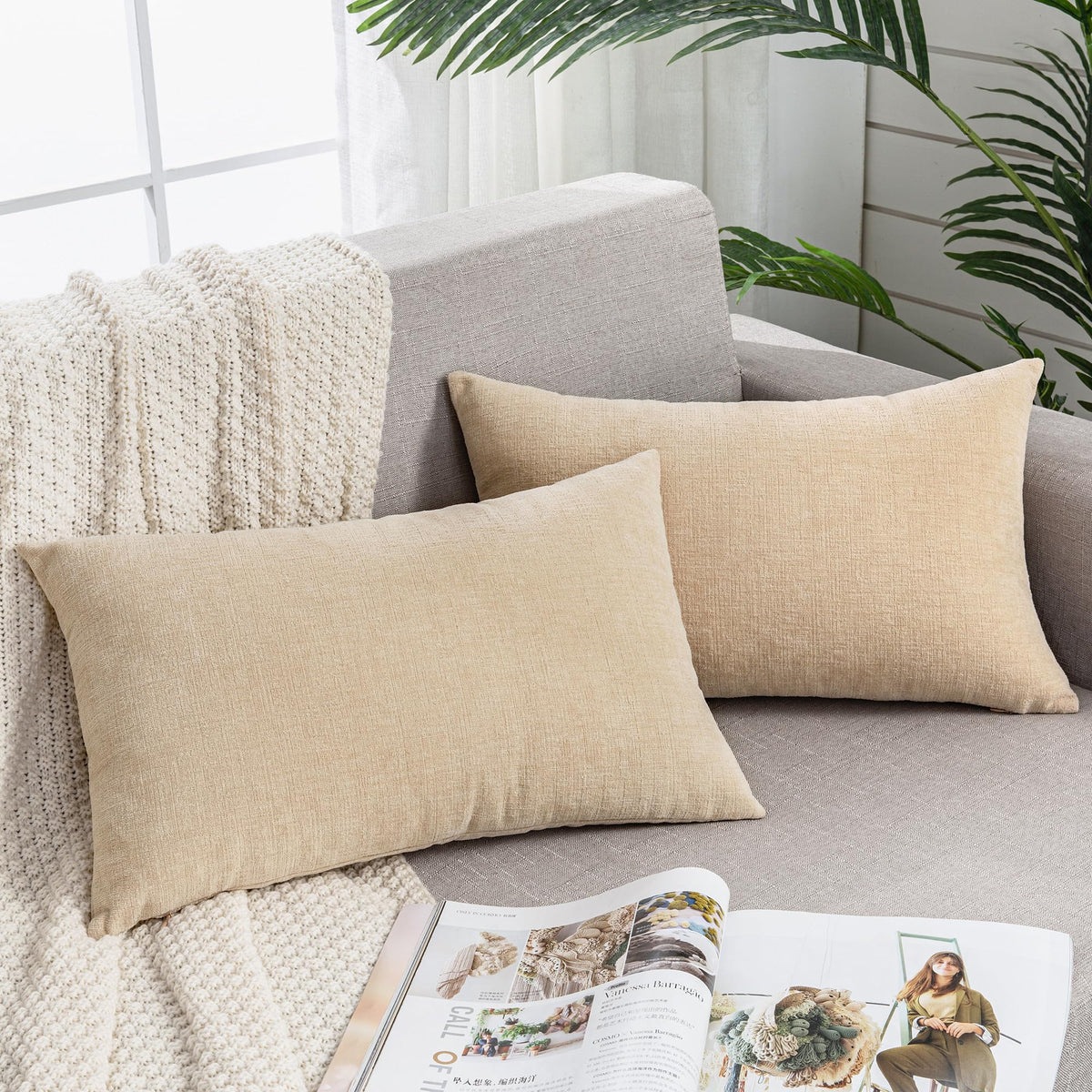 GAWAMAY Lumbar Support Pillow Decorative Rectangle Throw Pillow Covers 12"x20" Inch Set of 2, Soft Chenille Fall Pillowcase for Living Room Bedroom Sofa Couch Cushion Cover Grey 30x50cm (No Insert)