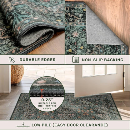 Floral Dark Green Washable Area Rugs 8x10, Vintage Living Room Rug