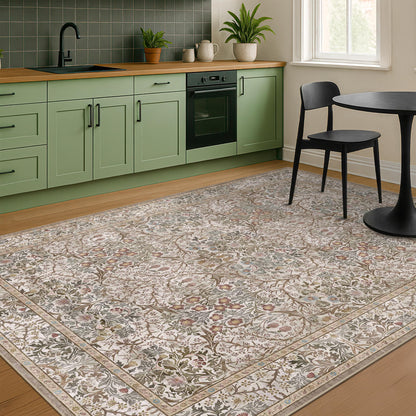 Floral Dark Green Washable Area Rugs 8x10, Vintage Living Room Rug