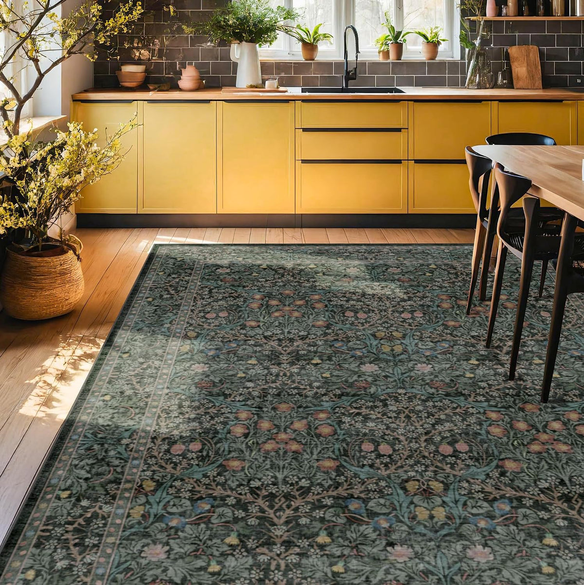 Floral Dark Green Washable Area Rugs 8x10, Vintage Living Room Rug
