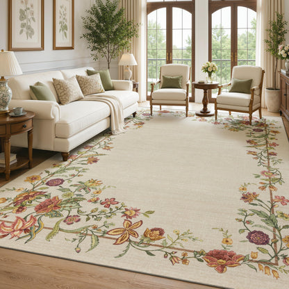 JOLLYVOGUE Washable 8x10 Area Rug for Living Room, Vintage Floral, Beige