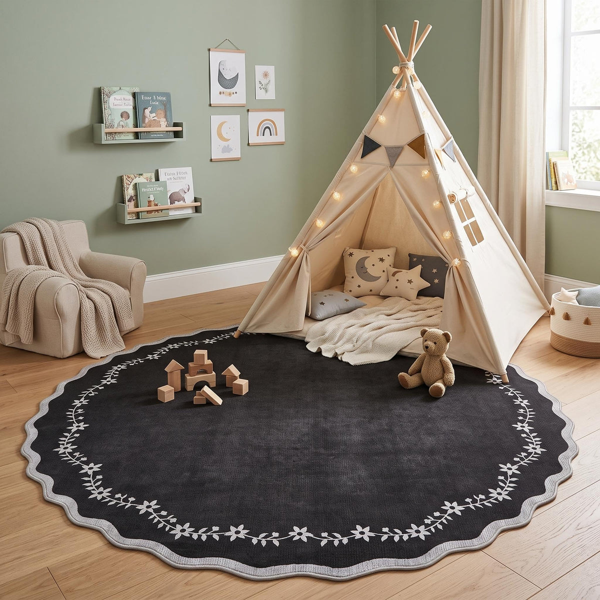 GarveeHome 5x7 Scalloped Area Rug Jute Washable Bedroom Living Room Rug