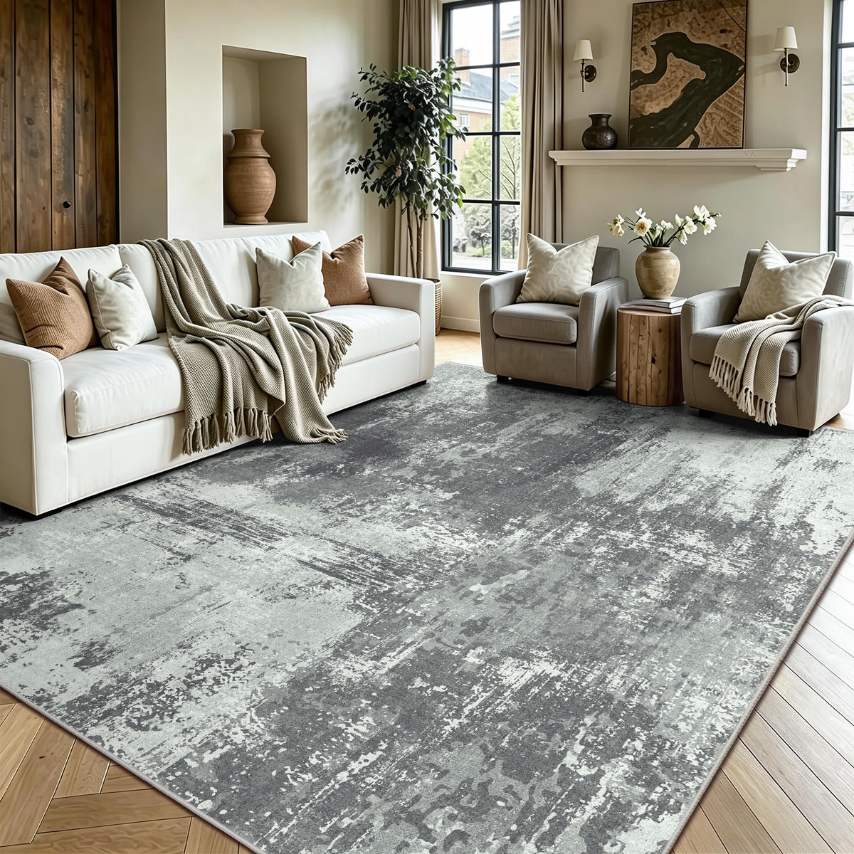 8x10 Rugs for Living Room - Modern Abstract Low Pile Washable Rug, Ultra Soft Non Slip Large Rugs, Floor Carpet for Bedroom Dining Room Office Laundry Nursery Home(Brown)