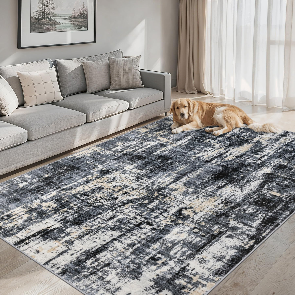 PLHXFR 8x10 Area Rug Living Room: Modern Abstract Washable Carpet Grey
