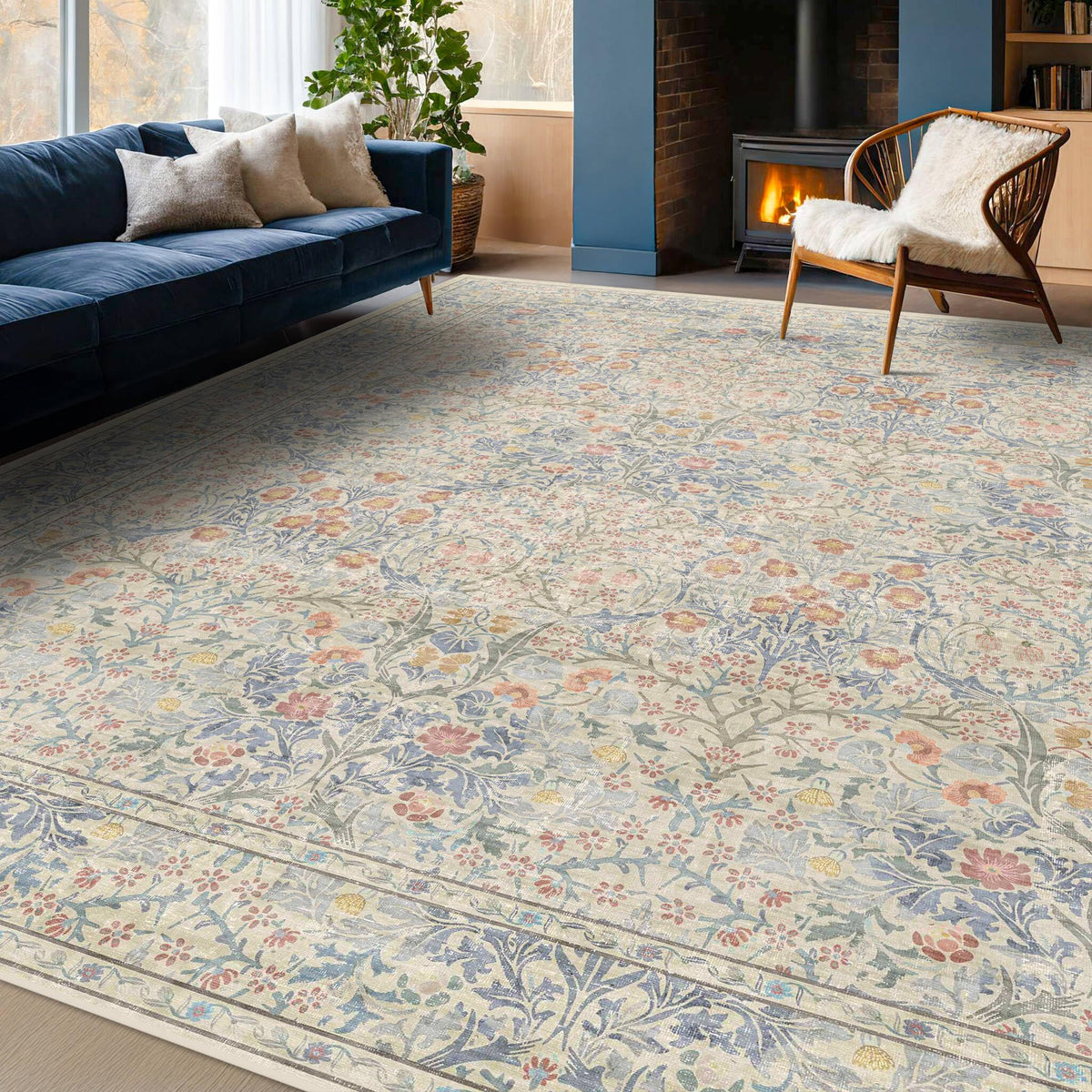 Floral Dark Green Washable Area Rugs 8x10, Vintage Living Room Rug