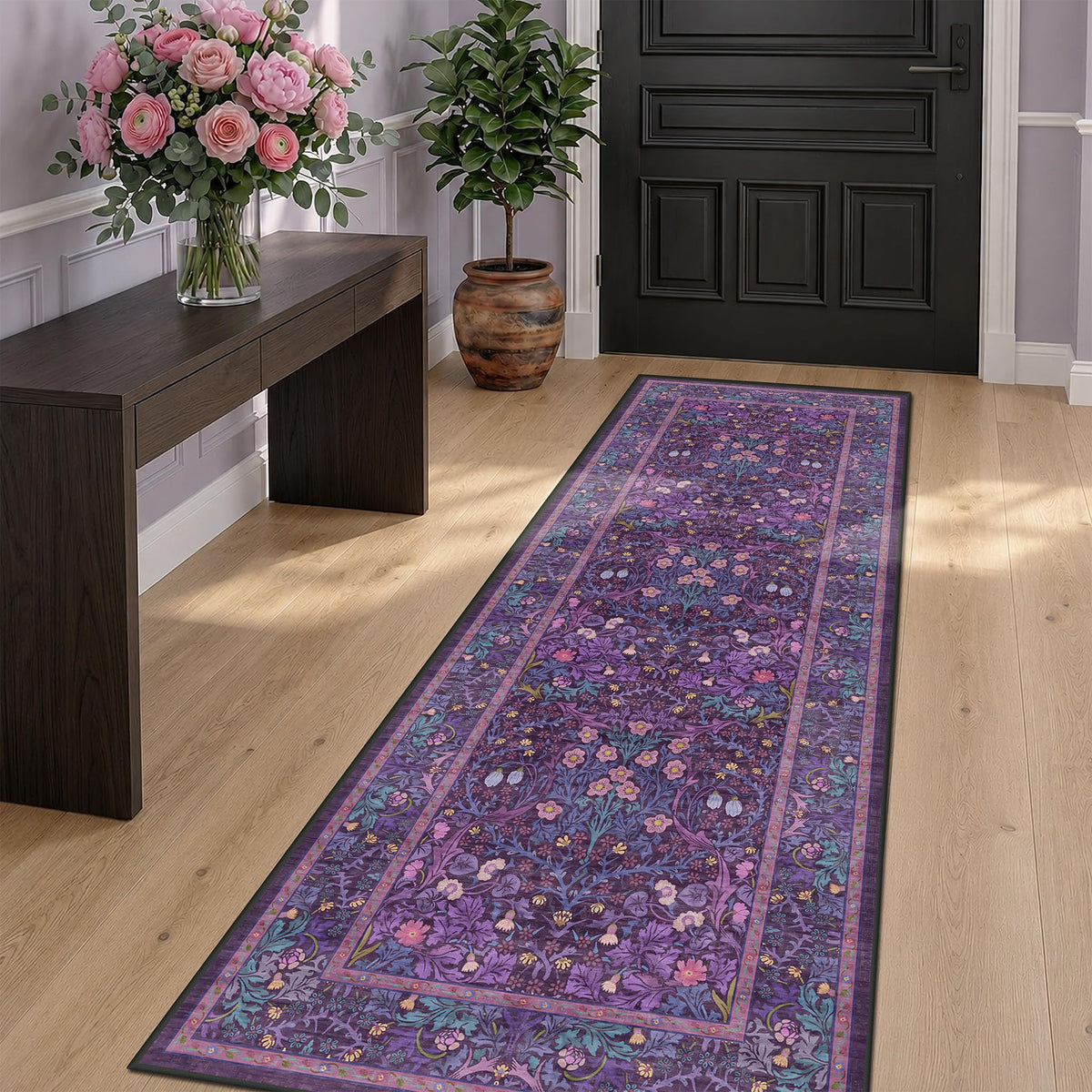 Floral Dark Green Washable Area Rugs 8x10, Vintage Living Room Rug
