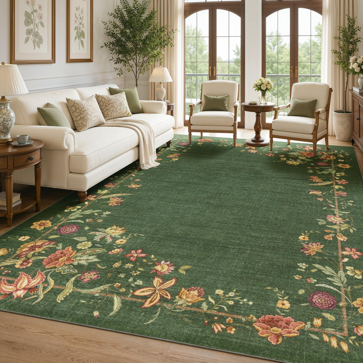 JOLLYVOGUE Washable 8x10 Area Rug for Living Room, Vintage Floral, Beige