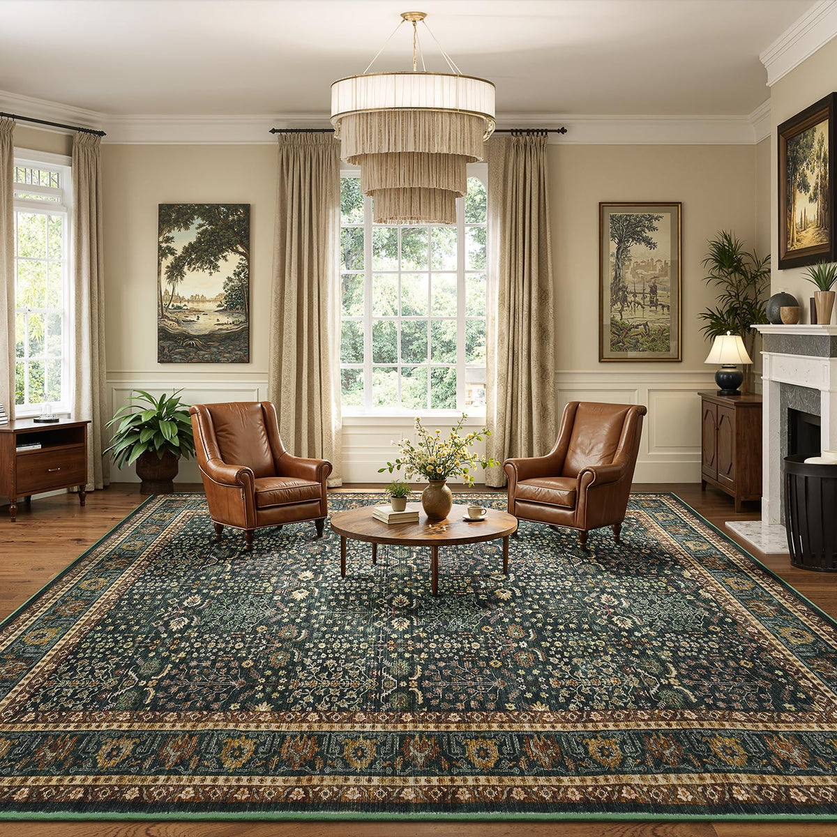 Lofus 9x12 Washable Area Rug for Living Room, Non-Slip Green Boho Carpet