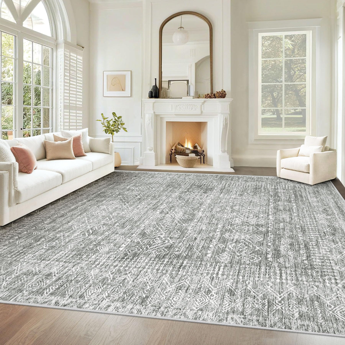 Living Room Rugs 8x10: Washable Moroccan Geometric Boho Rug Farmhouse Non Slip Stain Resistant Large Rug Low Pile Soft Carpet for Bedroom Dining Room Children Room (Beige,8'x10')