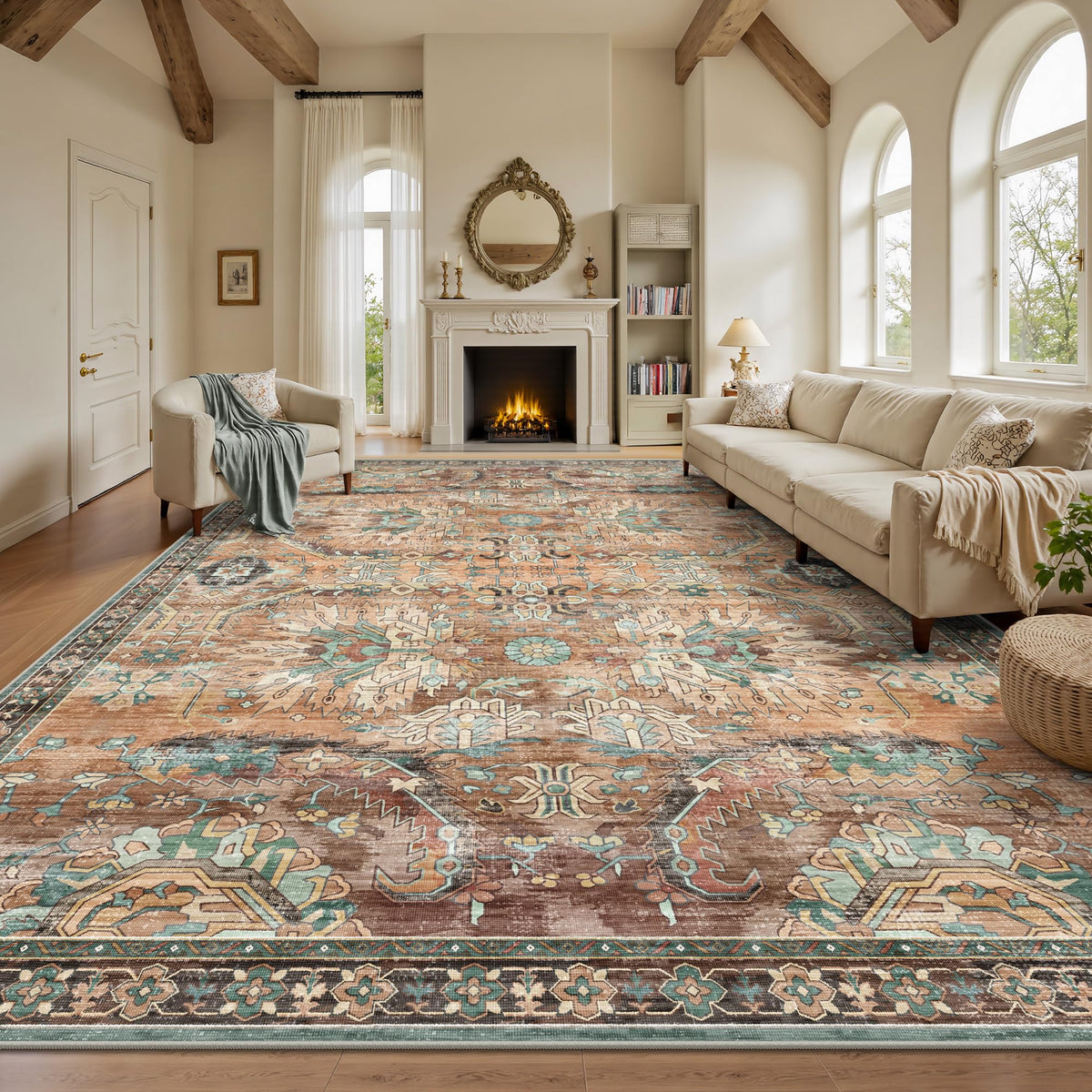 8x10 Area Rugs for Living Room - Washable Vintage Retro Large Rug, Soft Ultra Thin Non Slip Low Pile Traditional Distressed Boho Carpet for Bedroom Dining Room Home Office, Rust Clay