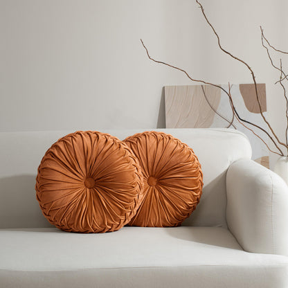 HIG Set of 2 Beige Velvet Decorative Round Pleated Throw Pillows