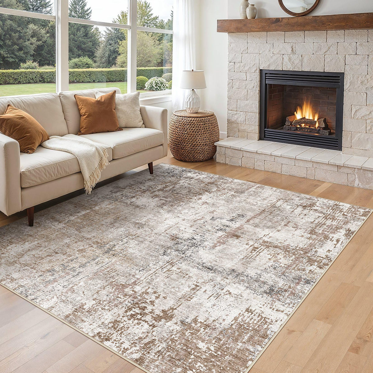 UERMEI 8x10 Area Rug Living Room Rugs - Washable Neutral Modern Abstract Soft Thin Large Rug Indoor Floor No Slip Rug Carpet for Bedroom Under Dining Table Home Office Decor - Brown Grey