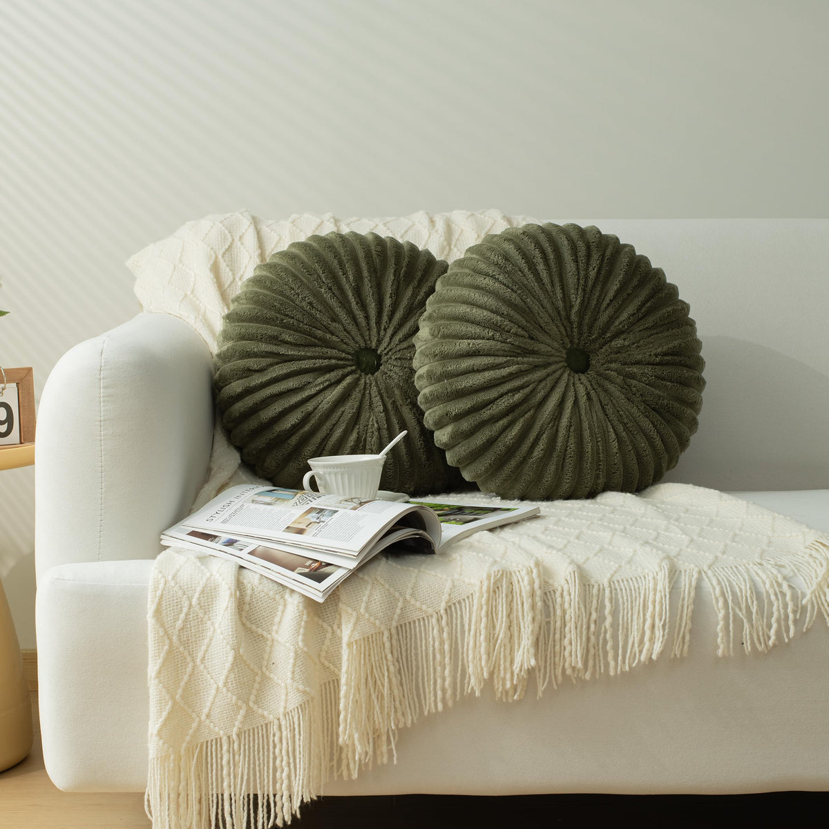 HIG Set of 2 Beige Velvet Decorative Round Pleated Throw Pillows