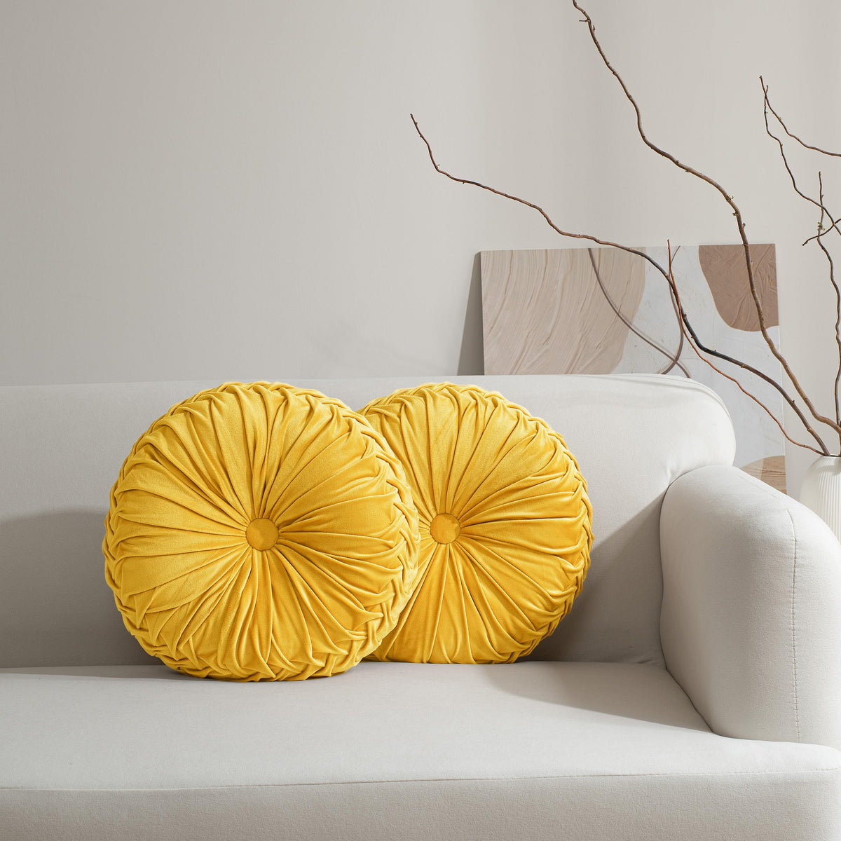 HIG Set of 2 Beige Velvet Decorative Round Pleated Throw Pillows