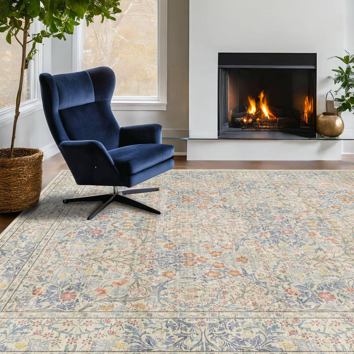 Floral Dark Green Washable Area Rugs 8x10, Vintage Living Room Rug