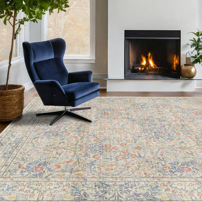 Floral Dark Green Washable Area Rugs 8x10, Vintage Living Room Rug