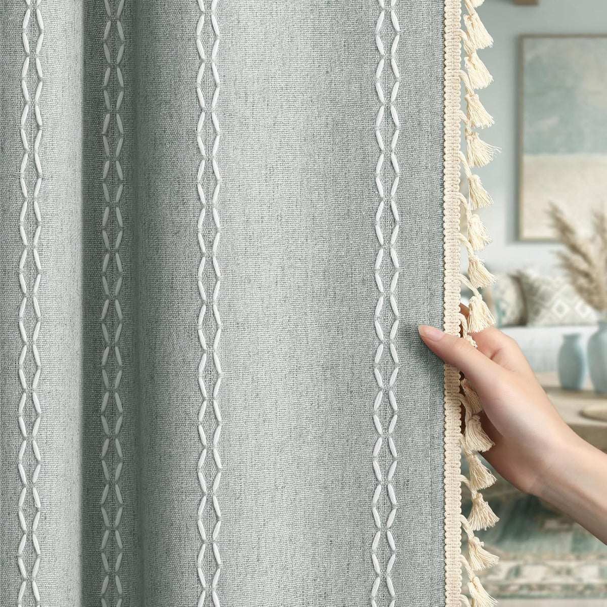 Boho 100% Blackout Curtains 84 Inch 2 Panels Linen Blend Beige