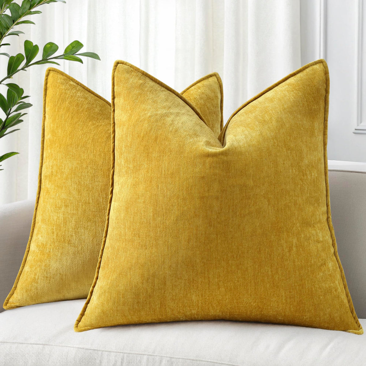 decorUhome Chenille Beige Velvet Throw Pillow Covers 18x18 Set of 2