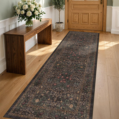 Floral Dark Green Washable Area Rugs 8x10, Vintage Living Room Rug